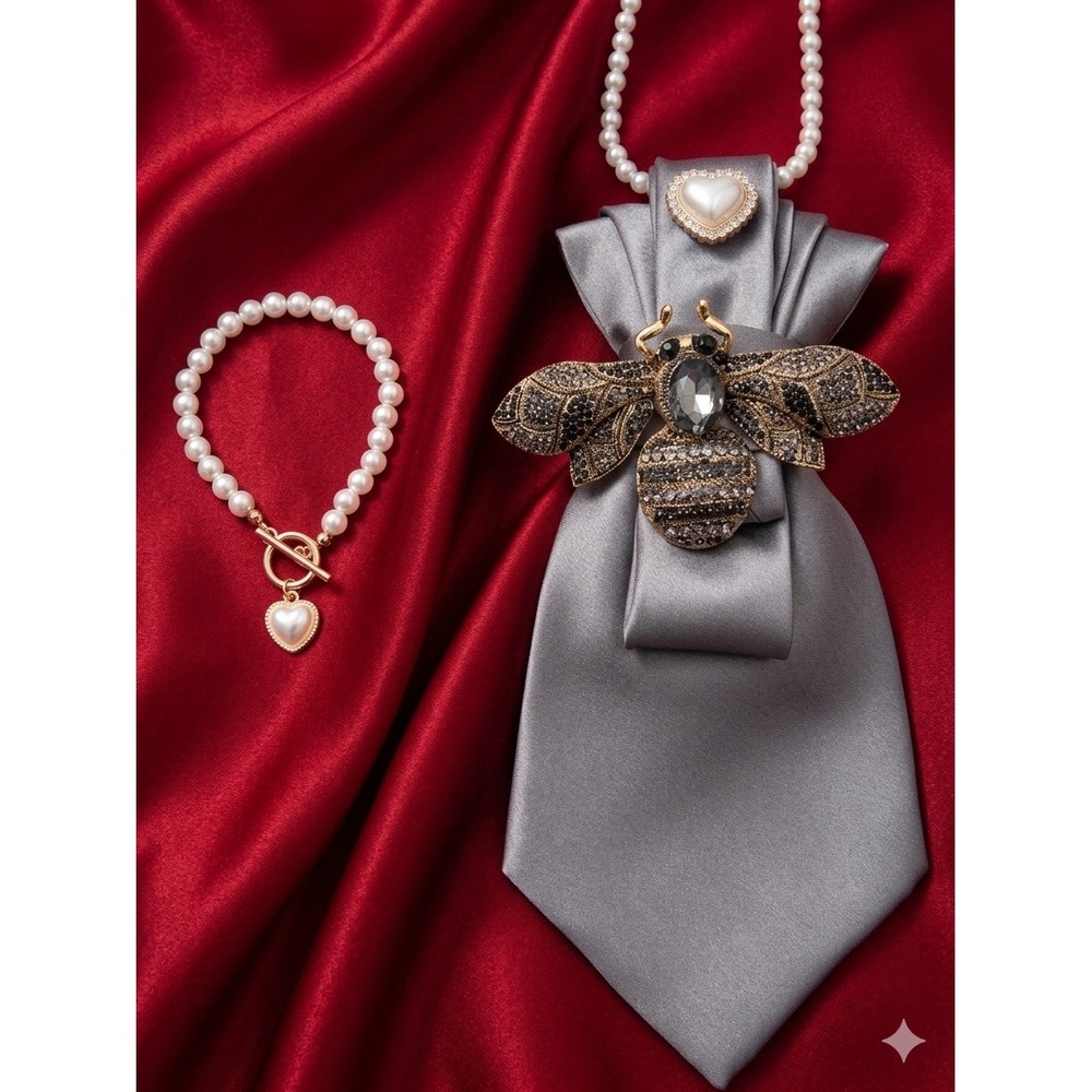 Handcrafted 100% Silk Grey Necktie Crystal Bee Brooch Pearl Heart Bracelet Set